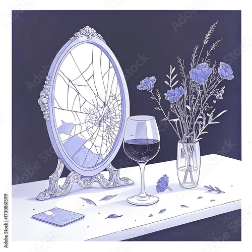 Cracked mirror, dried flowers, and dark wine on black surface
