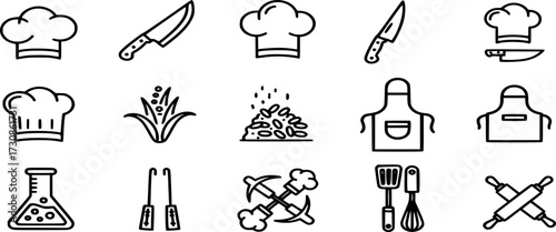 Chef Cooking Line Icon Set. chef instrument, Kitchen apron, knife, chef's hat, beaker, rice symbols vector
