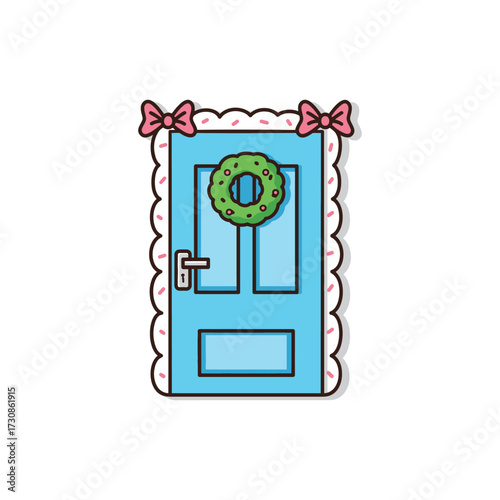 Front Door with Wreath and Knocker Outline Vector Simple Cartoon Drawing for Home, Real Estate, and Entrance
