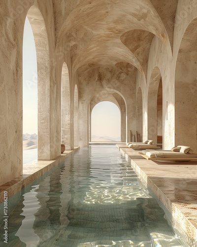 Serene Indoor Pool Surrounded by Elegant Arched Architecture and Soft Natural Light in a Luxury Relaxation Space
