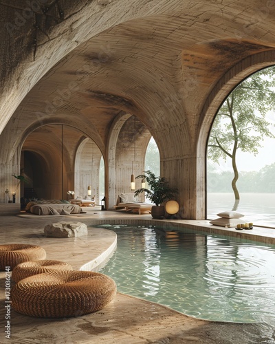 Stylish Indoor Spa Retreat with Stone Architecture and Tranquil Pool Overlooking Natural Scenery