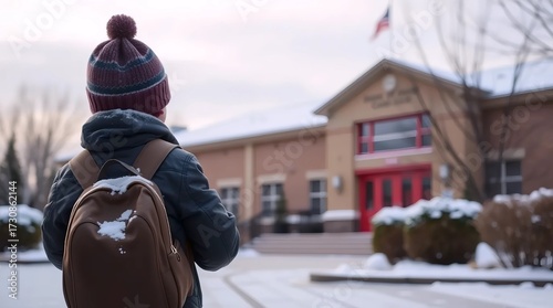 Student Seen from Behind Outside the School