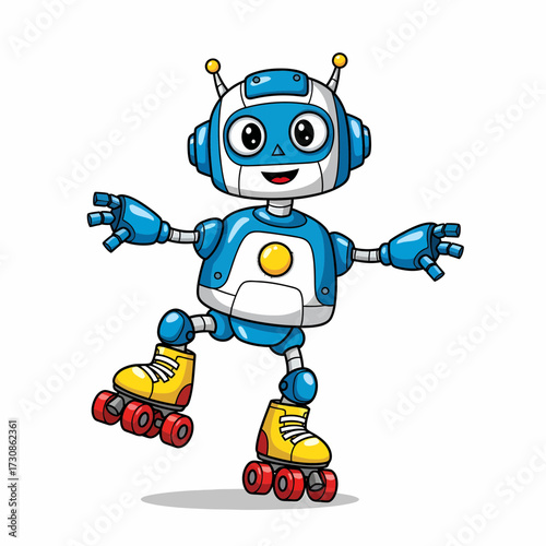 Cartoon Robot Balancing on Yellow and Red Roller Skates with a Cheerful Smile.