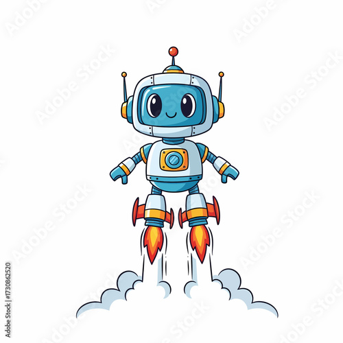 Cartoon Robot Launching with Rocket Boosters and Vapor Trails Illustration.