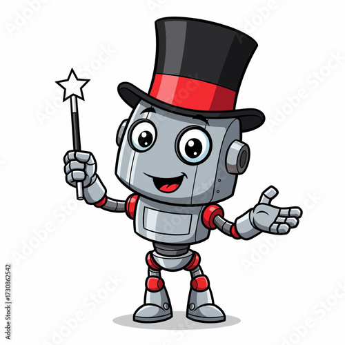 Cartoon Robot Magician with Top Hat and Star Wand Performing Magic.