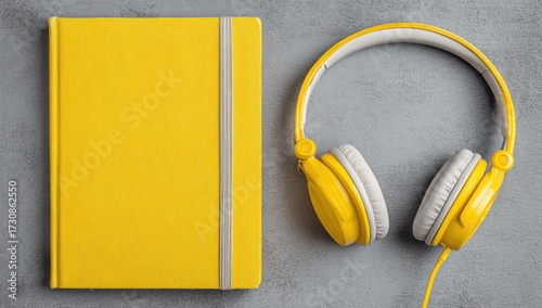 Vibrant yellow notebook and headphones sit atop a gray surface, creating a simple yet stylish composition.