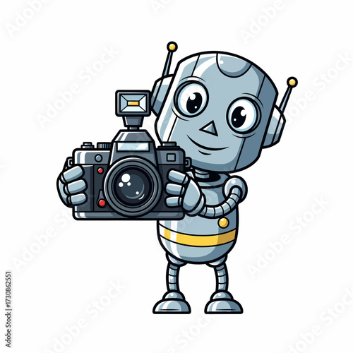 Cartoon Robot Photographer Holding a Camera with Flash and Smiling.