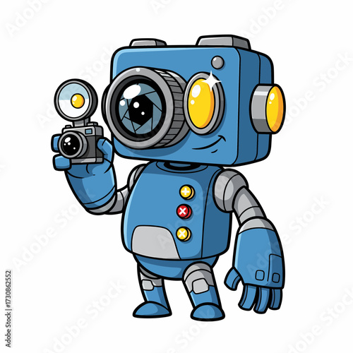 Cartoon Robot Photographer Holding a Camera with Flash Smiling with Joy.