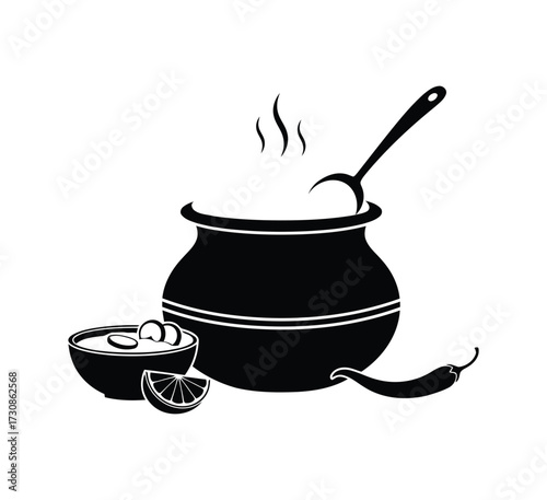 Illustration of a pot with steam, a bowl, and a chili