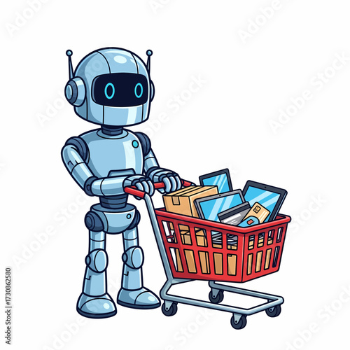 Cartoon Robot Pushing a Red Shopping Cart Filled with Electronics and a Box.
