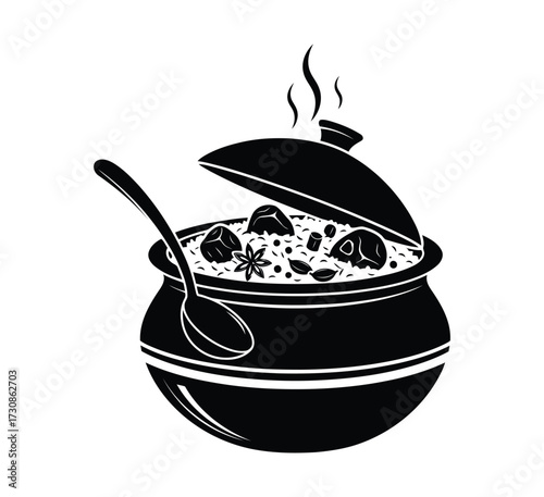Illustration of a pot of biryani, with steam