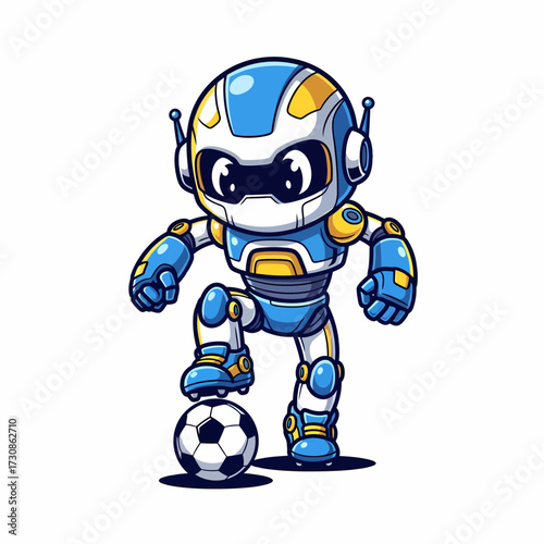 Cartoon Robot Soccer Player with Blue and Gold Accents Kicking a Ball.