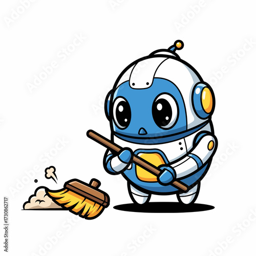 Cartoon Robot Sweeping with a Broom Cleaning Dust and Debris.