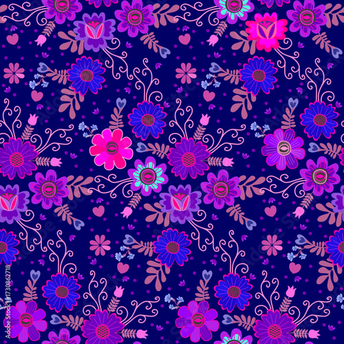 A beautiful seamless floral pattern in violet, purple, lilac, and fuchsia tones on a deep blue background. A botanical fabric print in vector.