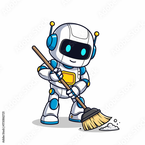 Cartoon Robot Sweeping with Broom Cleaning Dust Featuring Blue Accents.