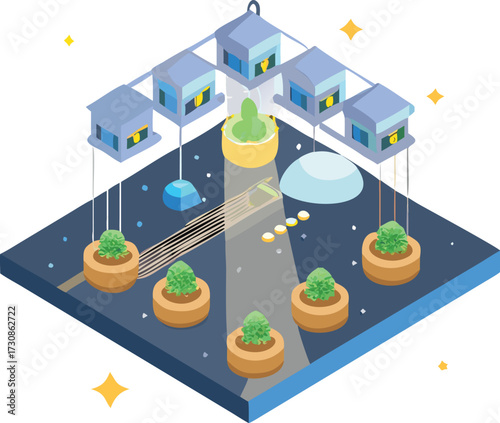 Vector of hydroponic farming towers on asteroid colony