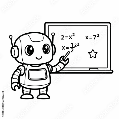 Cartoon Robot Teaching Math Equations on a Blackboard with a Star.