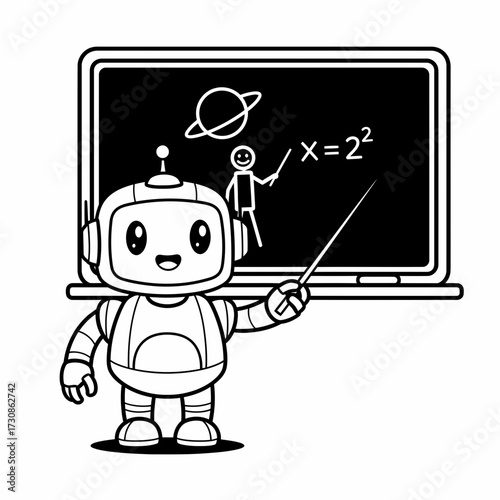 Cartoon Robot Teacher Presenting Math Equation on Chalkboard with Planet Drawing.