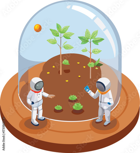 Vector illustration of astronauts farming plants inside a glass dome on Mars