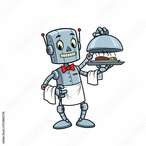 Cartoon Robot Waiter with Bowtie Serving a Steaming Dish Under a Silver Cloche.