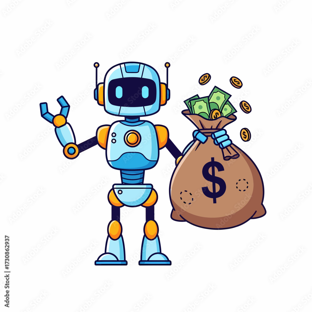 Fototapeta premium Cheerful Cartoon Robot Holding a Bag of Money with Coins and Bills.