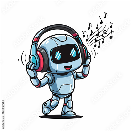 Cheerful Cartoon Robot Dancing with Headphones and Musical Notes.