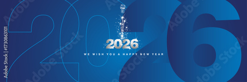 We wish you a Happy New Year 2026 sparkler firework shining silver blue greeting card with silhouette numbers from outline to fully shaded blue background in the shape of 2026 year