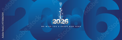 We wish you a Happy New Year 2026 sparkler firework shining silver blue greeting card with multiple silhouette shaded blue background in the shape of 2026 year
