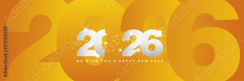 We wish you a Happy New Year 2026 shining sparkler firework silver white orange yellow greeting card with silhouette shaded orange background in the shape of 2026 year