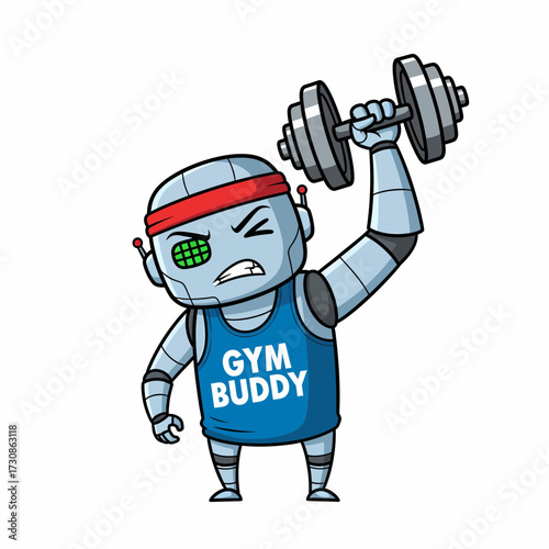 Determined Cartoon Robot Lifting Dumbbell with Red Headband and Gym Buddy Tank Top.