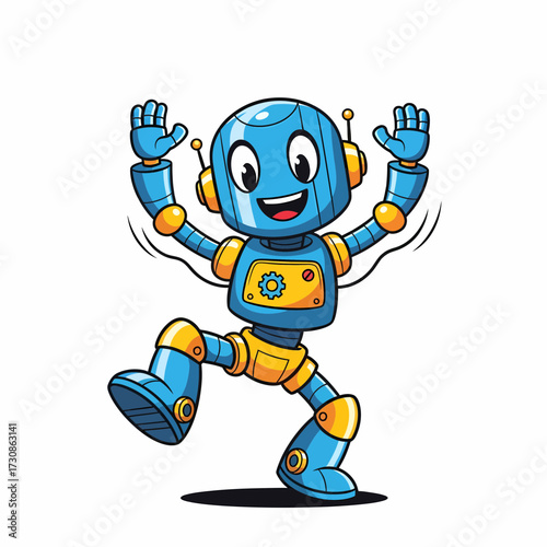 Joyful Blue Robot Cartoon Character with Raised Hands and Dynamic Pose.