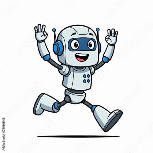 Joyful Cartoon Robot Leaping with Raised Hands and a Wide Smile.
