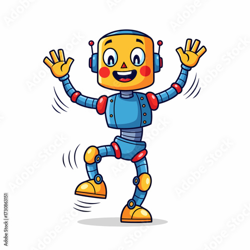 Joyful Cartoon Robot with Antennae and Rosy Cheeks Dancing with Arms Raised.