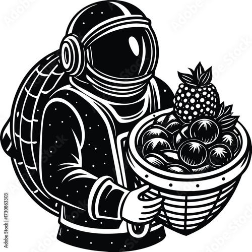 Vector of astronaut holding a basket of fruits grown in space