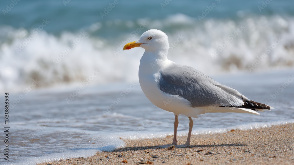 Fototapeta premium A seagull stands on the sandy shore observing the ocean waves rolling in. The sun shines brightly creating a tranquil beach scene filled with nature.
