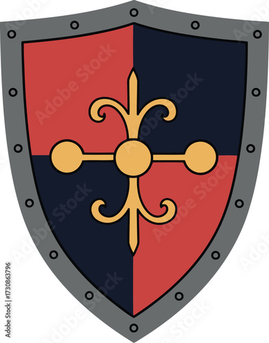 Medieval knight shield heraldry emblem red blue gold metal crest vector