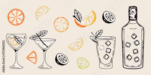 Hand drawn collection of refreshing citrus drinks and fruit slices with ice cubes and mint leaves
