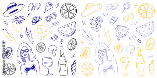 Whimsical hand drawn summer icons and illustrations featuring fruits drinks and fashionable elements