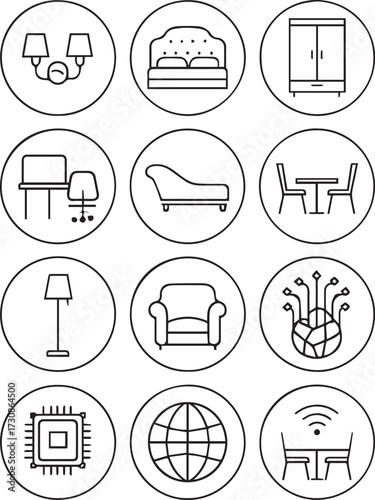 Furniture and tech icon set in black silhouette with home interiors, smart devices, and connectivity symbols