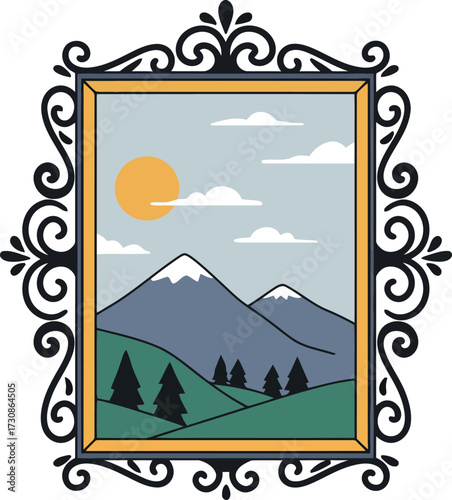 Vintage ornate frame showcasing majestic mountain landscape and sunny sky vector