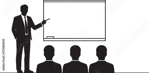 Classroom or presentation icon in black silhouette with teacher, students, and blank board for education and training themes