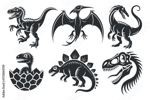 Dinosaur vector set silhouettes for tattoo vintage prehistoric animal design