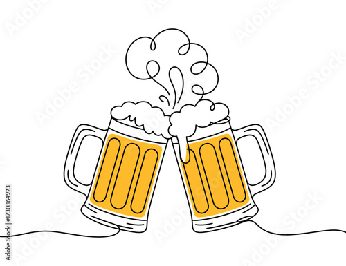 Beer Mugs Cheers Continuous Line Drawing Toasted Beverage Vector