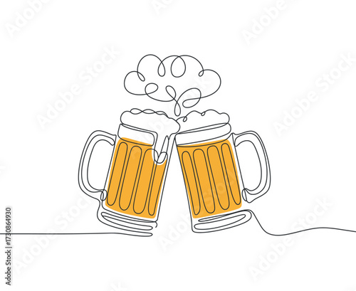 Beer Mugs Cheers Continuous Line Art Design Toasted Beverage