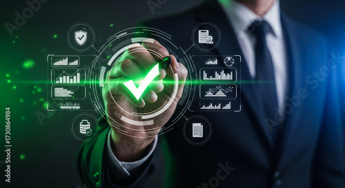 Businessman using a futuristic digital interface to certify quality assurance and standardization.