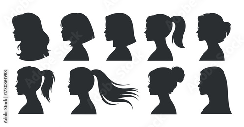 Collection Stylish Woman Hairstyle Silhouette Black Vector Illustration