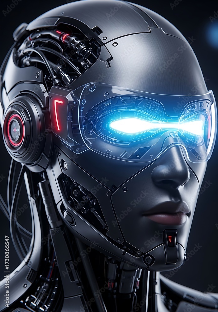Fototapeta premium Futuristic android portrait with glowing eyes and intricate machinery