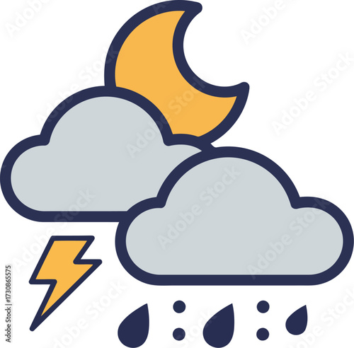 Nighttime stormy weather icon moon clouds rain lightning bolt vector