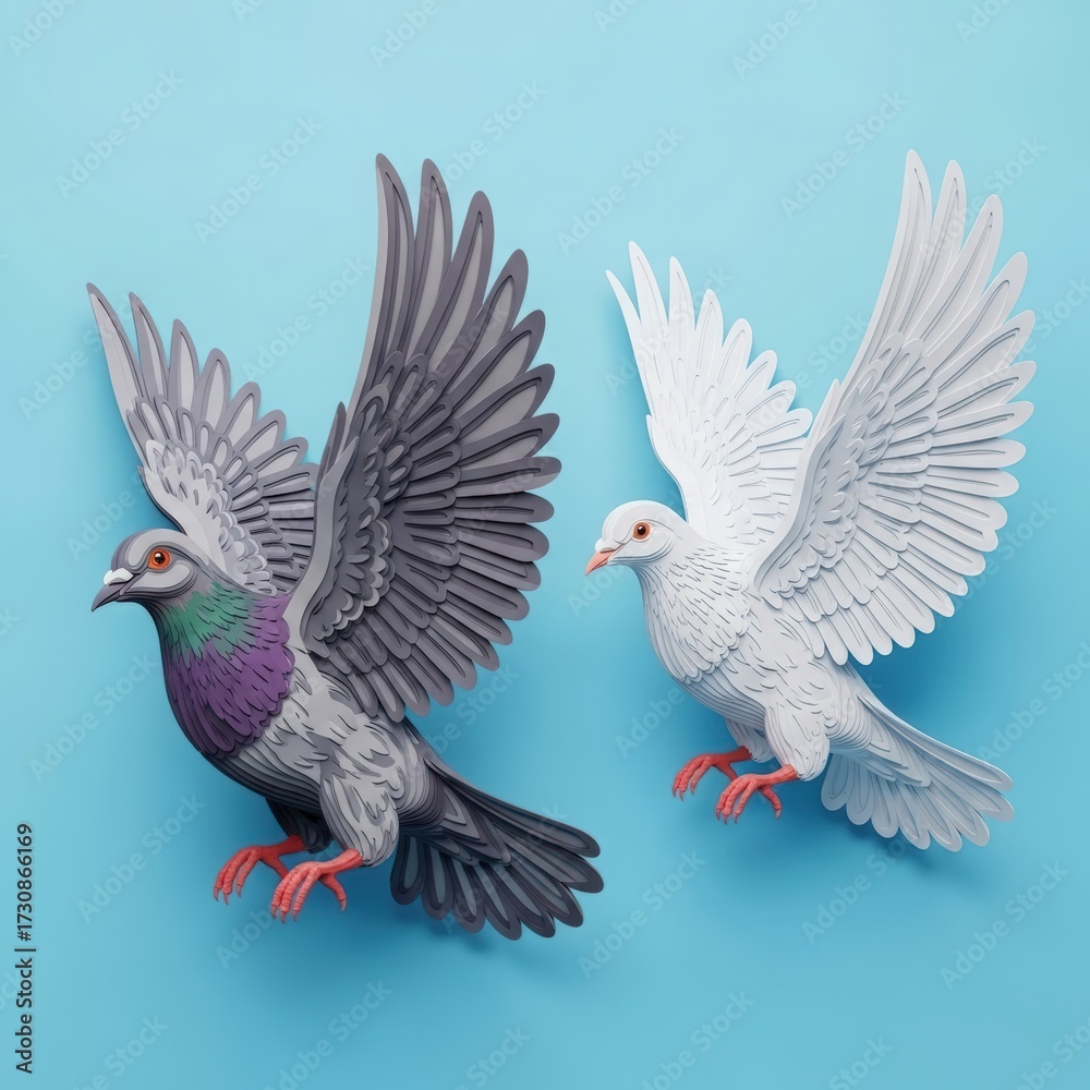 Obraz premium Two realistic toy pigeons with outstretched wings in flight against a solid blue background