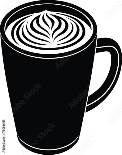 A black and white illustration of a coffee mug featuring a detailed rosette latte art design on the creamy foam